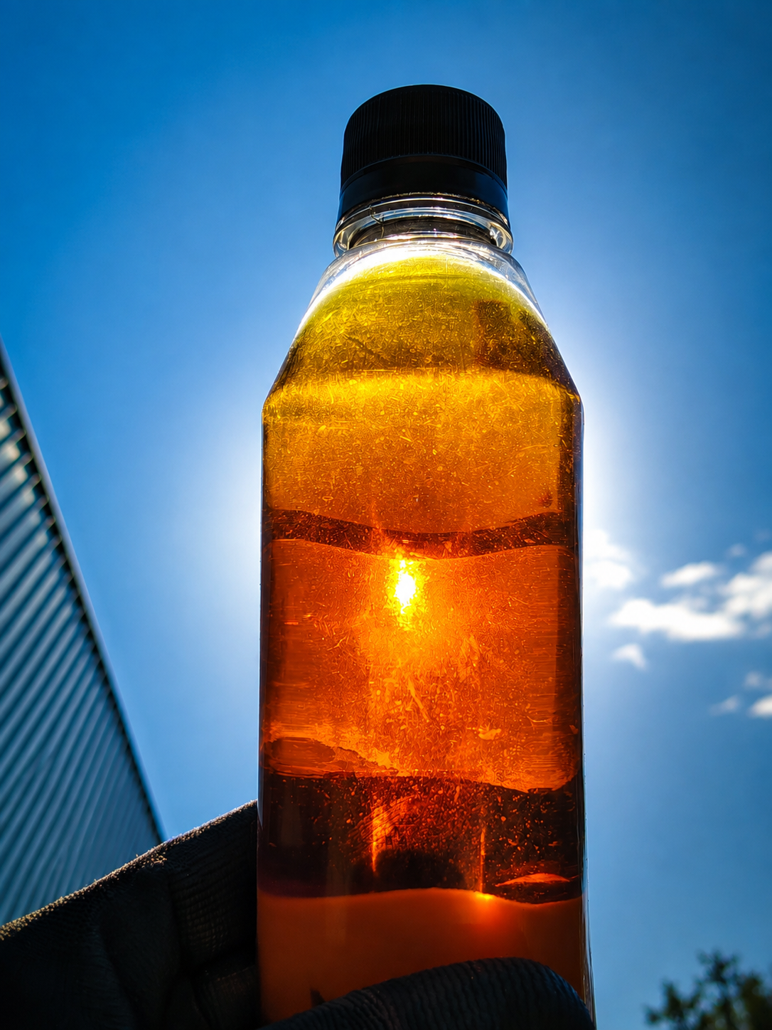 Amostra de óleo em frasco transparente sob luz natural